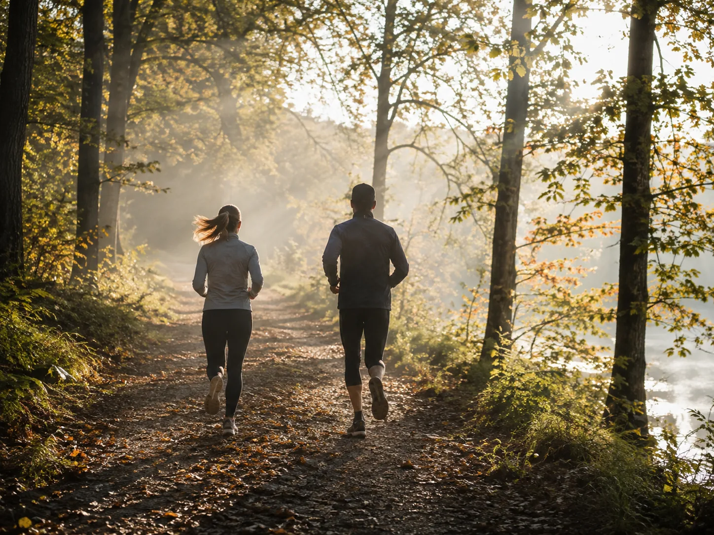 Zwei Läufer auf einem herbstlichen Waldweg in den Hüttener Bergen