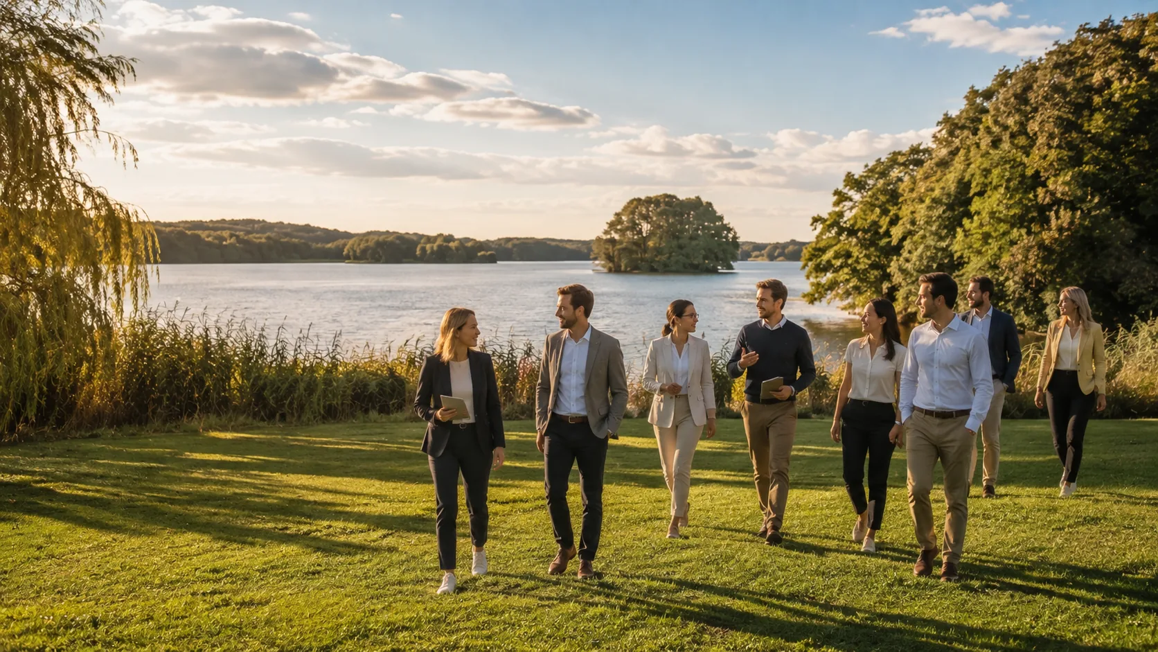 Tagungsgruppe im Gespräch am Ufer des Bistensees
