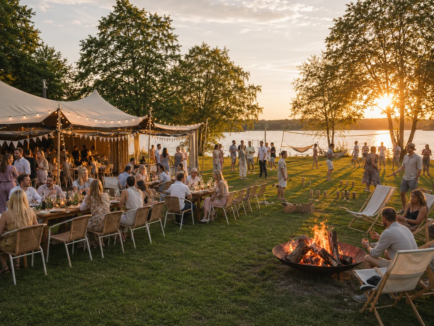 Sommerfest mit Zelt und Feuer auf der Seewiese