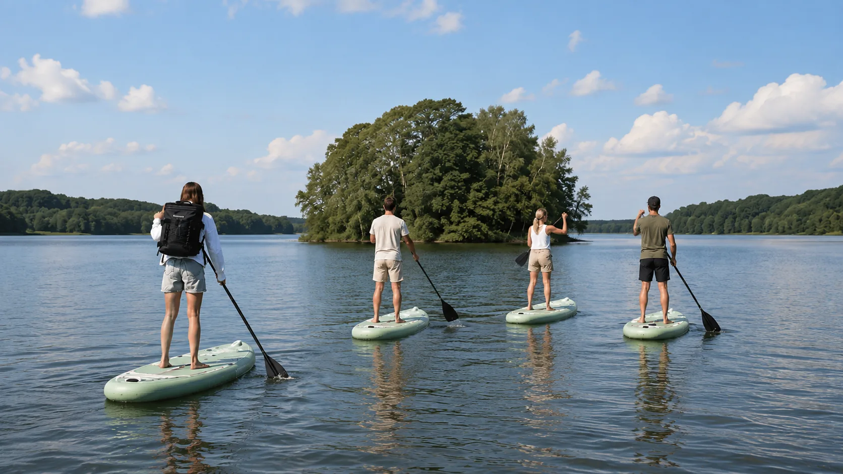 Team auf SUP-Boards auf dem Bistensee
