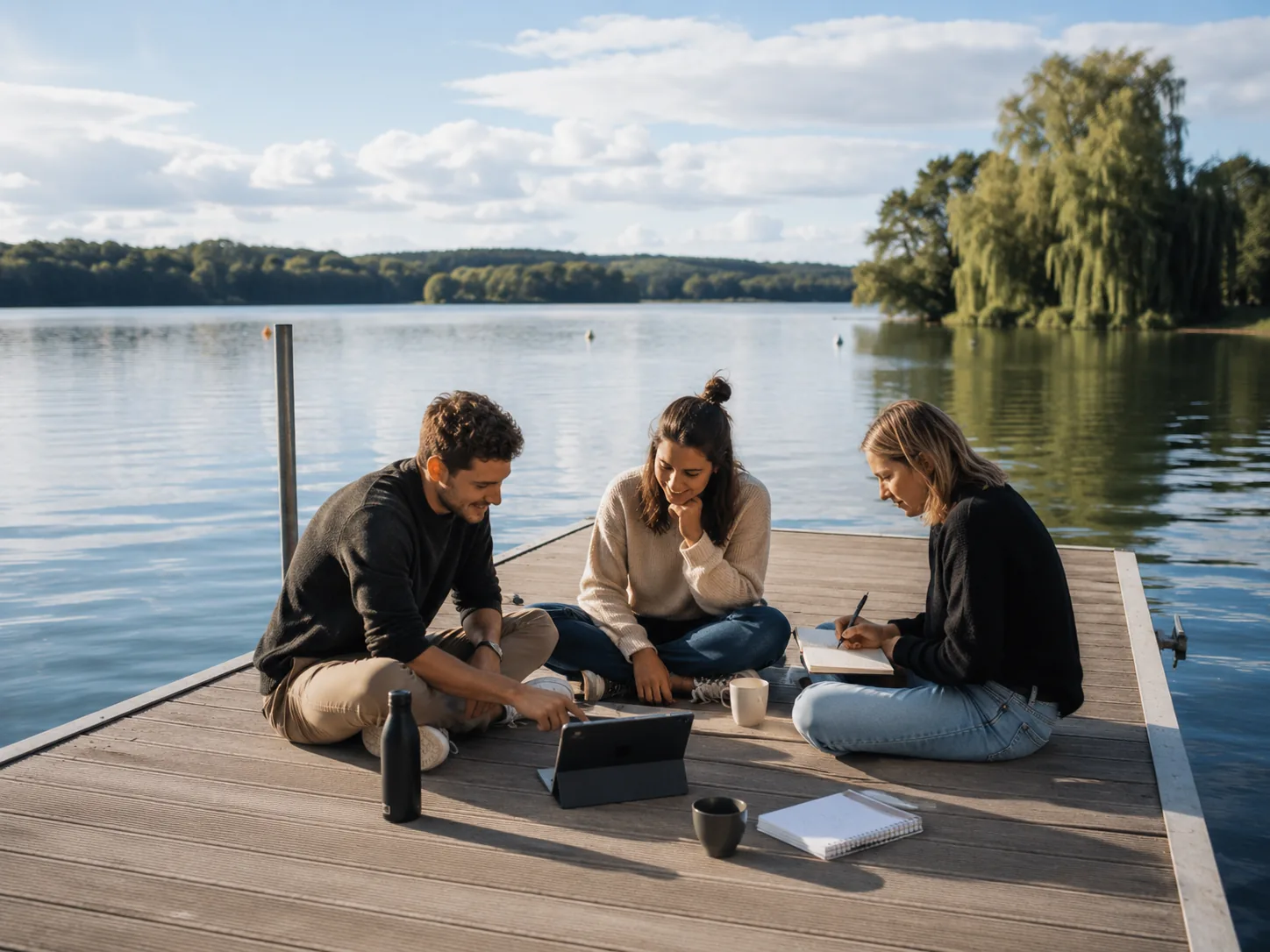 Drei Personen arbeiten gemeinsam mit einem Tablet auf dem Steg am Bistensee