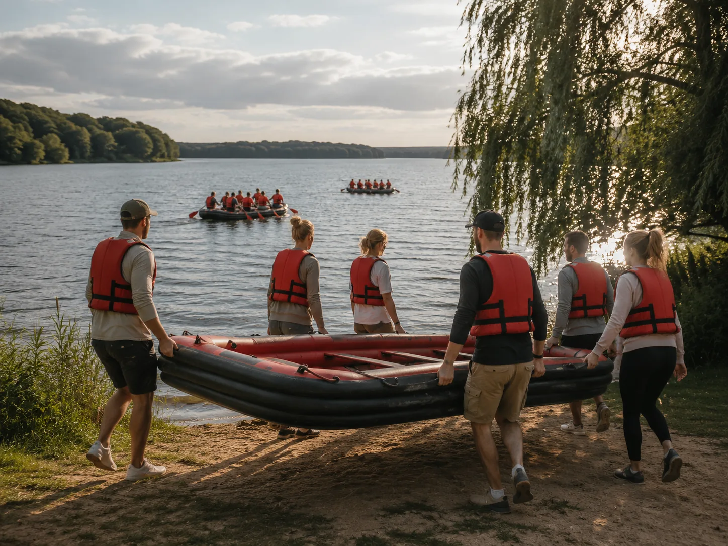 Gruppe trägt ein Schlauchboot ans Ufer für eine gemeinsame Bootstour