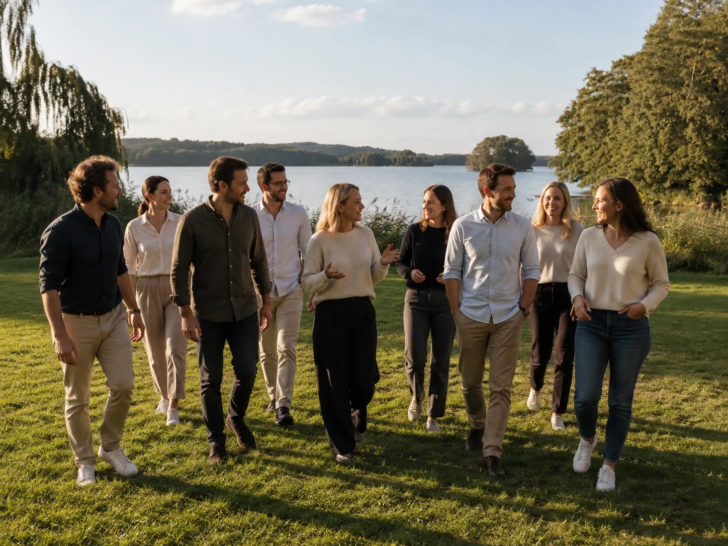 Gruppe von neun Personen im Gespräch auf der Seewiese