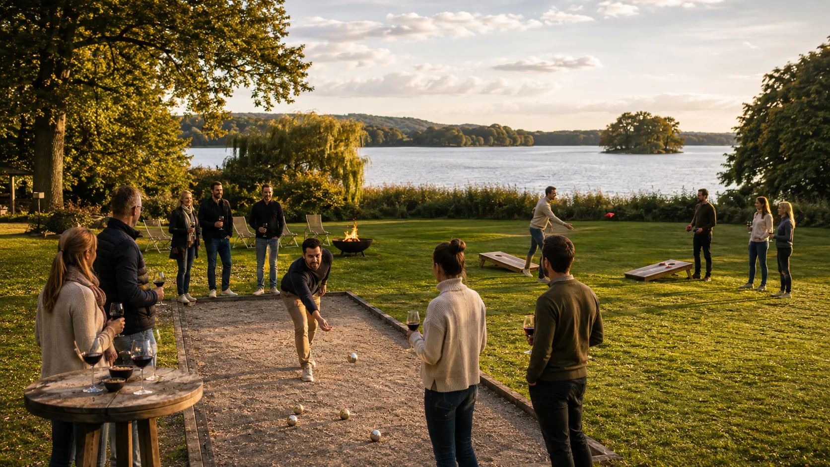 Mehrere Team-Aktivitäten gleichzeitig auf der Seewiese am Bistensee, Boule und Cornhole